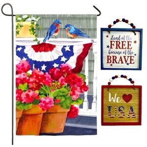 Patriotic Garden Flag 2 Wood Wall Plaques 4th July Decor 3 Piece USA Bundle NEW